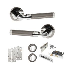 STATUS Dakota Door Handle Pack (Euro Lock Set - 2.5" CE Sashlock, 4" Slim Knuckle Hinges x2) - Black Nickel/Polished Chrome