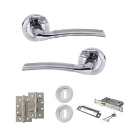 STATUS Indiana Door Handle Pack (3 Lever Lock Set - 2.5" CE Sashlock, 4" Slim Knuckle Hinges x2) - Satin Chrome/Polished Chrome