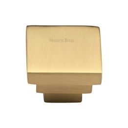Heritage Brass Cabinet Knob Square Stepped Design 32mm Satin Brass finish
