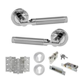 STATUS Dakota Door Handle Pack (Euro Lock Set - 2.5" CE Sashlock, 3" Fire Rated Hinges x3) - Satin Chrome/Polished Chrome