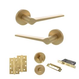Senza Pari Laviano Door Handle Pack (Bathroom Set - 2.5" CE Bathroom Lock, 4" Slim Knuckle Hinges x2) - Satin Brass