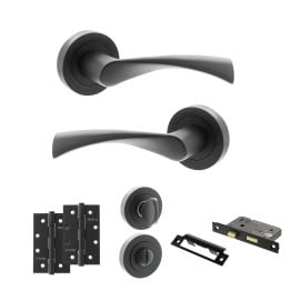 STATUS Colorado Door Handle Pack (Bathroom Set - 3" CE Bathroom Lock, 4" Slim Knuckle Hinges x2) - Matt Black