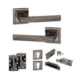 STATUS Kansas Door Handle Pack (Euro Lock Set - 2.5" CE Sashlock, 4" Slim Knuckle Hinges x2) - Black Nickel