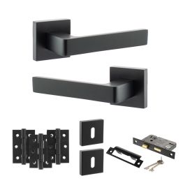 STATUS Montana Door Handle Pack (3 Lever Lock Set - 3" CE Sashlock, 3" Fire Rated Hinges x3) - Matt Black