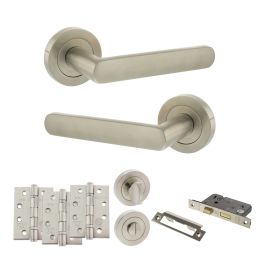 STATUS Carolina Door Handle Pack (Bathroom Set - 3" CE Bathroom Lock, 4" Fire Rated Hinges x3) - Satin Nickel