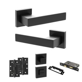 Senza Pari Panetti Door Handle Pack (Bathroom Set - 3" CE Bathroom Lock, 4" Slim Knuckle Hinges x2) - Matt Black