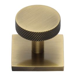 Heritage Brass Cabinet Knob Disc Knurled Design with Square Backplate 32mm Antique Brass finish