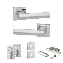 Senza Pari Davoli Door Handle Pack (3 Lever Lock Set - 2.5" CE Sashlock, 4" Slim Knuckle Hinges x2) - Polished Chrome