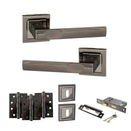 STATUS Kansas Door Handle Pack (3 Lever Lock Set - 3" CE Sashlock, 4" Fire Rated Hinges x3) - Black Nickel