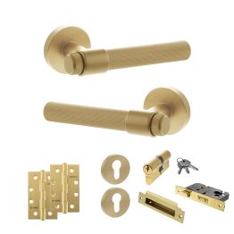 Senza Pari Fasana Door Handle Pack (Euro Lock Set - 2.5" CE Sashlock, 4" Slim Knuckle Hinges x2) - Satin Brass