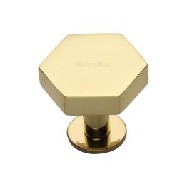 Heritage Brass Cabinet Knob Hexagon Design with Rose 32mm Polished Brass finish