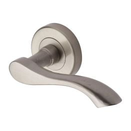 Heritage Brass Door Handle Lever Latch on Round Rose Algarve Design Satin Nickel finish