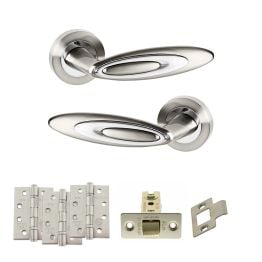 Senza Pari Elisse Door Handle Pack (Latch Set - 2.5" CE Latch, 4" Fire Rated Hinges x3) - Satin Nickel/Chrome Plate