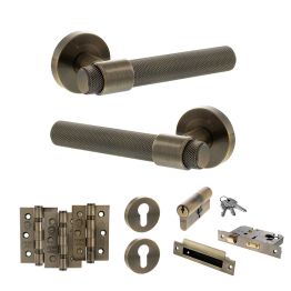 Senza Pari Andretta Door Handle Pack (Euro Lock Set - 3" CE Sashlock, 3" Fire Rated Hinges x3) - Antique Brass