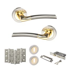 STATUS Indiana Door Handle Pack (3 Lever Lock Set - 3" CE Sashlock, 3" Fire Rated Hinges x3) - Satin Nickel/Polished Brass