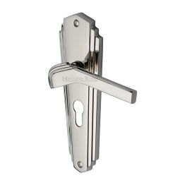 Heritage Brass Door Handle for Euro Profile Plate Waldorf Design Polished Nickel finish