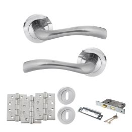 STATUS Texas Door Handle Pack (3 Lever Lock Set - 2.5" CE Sashlock, 4" Fire Rated Hinges x3) - Satin Chrome