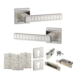 Senza Pari Bianca Door Handle Pack (Euro Lock Set - 3" CE Sashlock, 4" Fire Rated Hinges x3) - Satin Nickel