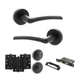 STATUS Indiana Door Handle Pack (Bathroom Set - 3" CE Bathroom Lock, 4" Fire Rated Hinges x3) - Matt Black