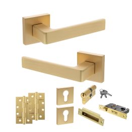STATUS Montana Door Handle Pack (Euro Lock Set - 3" CE Sashlock, 4" Slim Knuckle Hinges x2) - Satin Brass