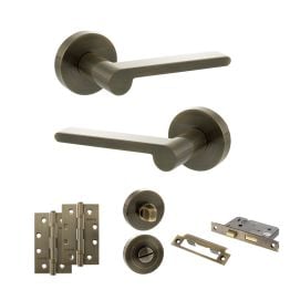 Senza Pari Darrio Door Handle Pack (Bathroom Set - 2.5" CE Bathroom Lock, 4" Slim Knuckle Hinges x2) - Antique Brass