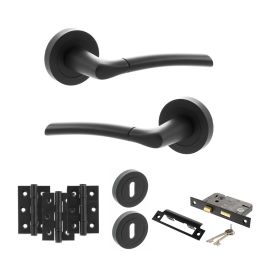 STATUS Indiana Door Handle Pack (3 Lever Lock Set - 2.5" CE Sashlock, 3" Fire Rated Hinges x3) - Matt Black
