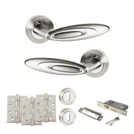 Senza Pari Elisse Door Handle Pack (3 Lever Lock Set - 3" CE Sashlock, 4" Fire Rated Hinges x3) - Satin Nickel/Chrome Plate