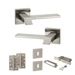 Senza Pari Giovanni Door Handle Pack (3 Lever Lock Set - 2.5" CE Sashlock, 4" Slim Knuckle Hinges x2) - Satin Nickel