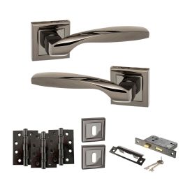 STATUS Oklahoma Door Handle Pack (3 Lever Lock Set - 3" CE Sashlock, 4" Fire Rated Hinges x3) - Black Nickel