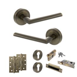 STATUS Alabama Door Handle Pack (Euro Lock Set - 2.5" CE Sashlock, 4" Slim Knuckle Hinges x2) - Antique Brass