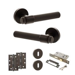 Senza Pari Andretta Door Handle Pack (3 Lever Lock Set - 2.5" CE Sashlock, 4" Slim Knuckle Hinges x2) - Urban Dark Bronze