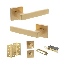 STATUS Montana Door Handle Pack (Bathroom Set - 2.5" CE Bathroom Lock, 4" Slim Knuckle Hinges x2) - Satin Brass