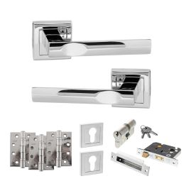STATUS Kansas Door Handle Pack (Euro Lock Set - 2.5" CE Sashlock, 4" Fire Rated Hinges x3) - Polished Chrome