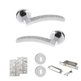 Senza Pari Crystal Door Handle Pack (3 Lever Lock Set - 3" CE Sashlock, 4" Slim Knuckle Hinges x2) - Polished Chrome