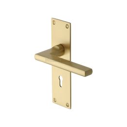 Heritage Brass Door Handle Lever Lock Trident Design Satin Brass Finish