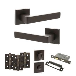 STATUS Montana Door Handle Pack (Bathroom Set - 3" CE Bathroom Lock, 3" Fire Rated Hinges x3) - Urban Dark Bronze