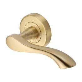 Heritage Brass Door Handle Lever Latch on Round Rose Algarve Design Satin Brass finish