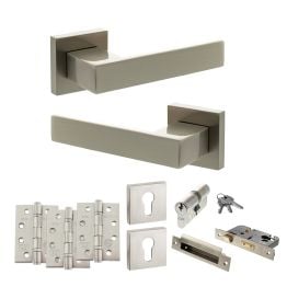 Senza Pari Panetti Door Handle Pack (Euro Lock Set - 2.5" CE Sashlock, 4" Fire Rated Hinges x3) - Satin Nickel