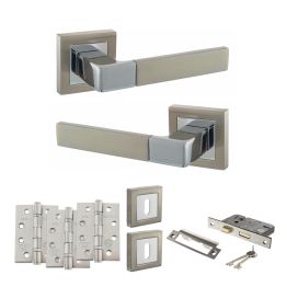 STATUS Montana Door Handle Pack (3 Lever Lock Set - 2.5" CE Sashlock, 4" Fire Rated Hinges x3) - Satin Nickel/Polished Chrome