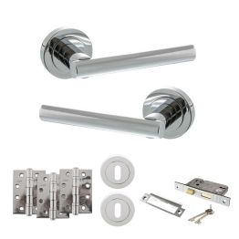 STATUS Nebraska Door Handle Pack (3 Lever Lock Set - 2.5" CE Sashlock, 4" Fire Rated Hinges x3) - Polished Chrome