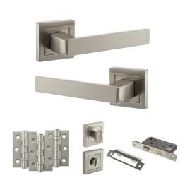 STATUS Montana Door Handle Pack (Bathroom Set - 3" CE Bathroom Lock, 3" Fire Rated Hinges x3) - Satin Nickel