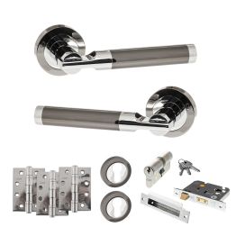 STATUS Dakota Door Handle Pack (Euro Lock Set - 3" CE Sashlock, 4" Fire Rated Hinges x3) - Black Nickel/Polished Chrome