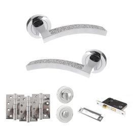 Senza Pari Crystal Door Handle Pack (Bathroom Set - 3" CE Bathroom Lock, 4" Fire Rated Hinges x3) - Polished Chrome