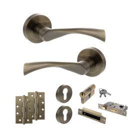 STATUS Colorado Door Handle Pack (Euro Lock Set - 3" CE Sashlock, 4" Slim Knuckle Hinges x2) - Antique Brass