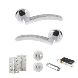 Senza Pari Crystal Door Handle Pack (Bathroom Set - 3" CE Bathroom Lock, 4" Slim Knuckle Hinges x2) - Polished Chrome
