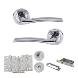 STATUS Indiana Door Handle Pack (Bathroom Set - 2.5" CE Bathroom Lock, 4" Fire Rated Hinges x3) - Satin Chrome/Polished Chrome