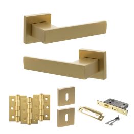Senza Pari Panetti Door Handle Pack (3 Lever Lock Set - 2.5" CE Sashlock, 3" Fire Rated Hinges x3) - Satin Brass