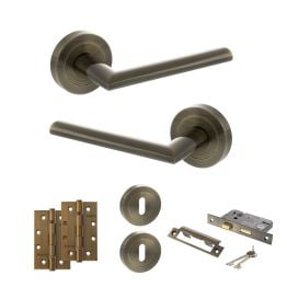 STATUS Alabama Door Handle Pack (3 Lever Lock Set - 3" CE Sashlock, 4" Slim Knuckle Hinges x2) - Antique Brass