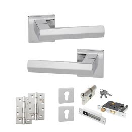 Senza Pari Davoli Door Handle Pack (Euro Lock Set - 2.5" CE Sashlock, 4" Slim Knuckle Hinges x2) - Polished Chrome