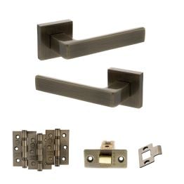 STATUS Montana Door Handle Pack (Latch Set - 3" CE Latch, 3" Fire Rated Hinges x3) - Antique Brass
